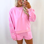 Casual Loose Round Neck Pullover Solid Color Embroidered Long-Sleeved Top Shorts Set