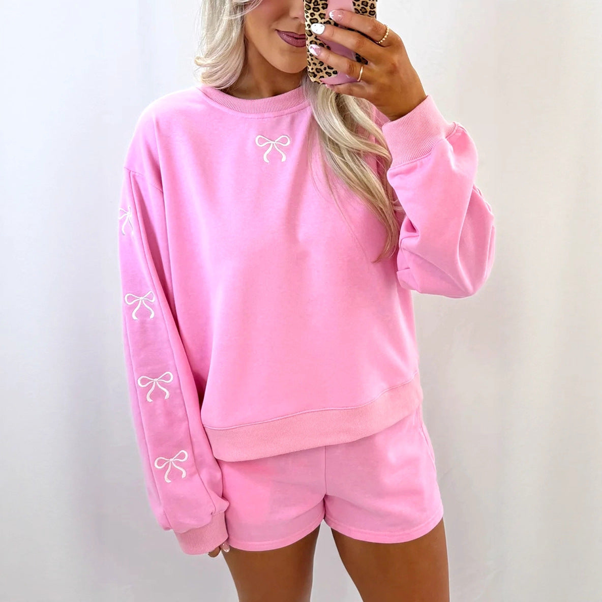 Casual Loose Round Neck Pullover Solid Color Embroidered Long-Sleeved Top Shorts Set