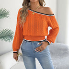 Women's Contrast-Color Off-Shoulder Cropped Sweater