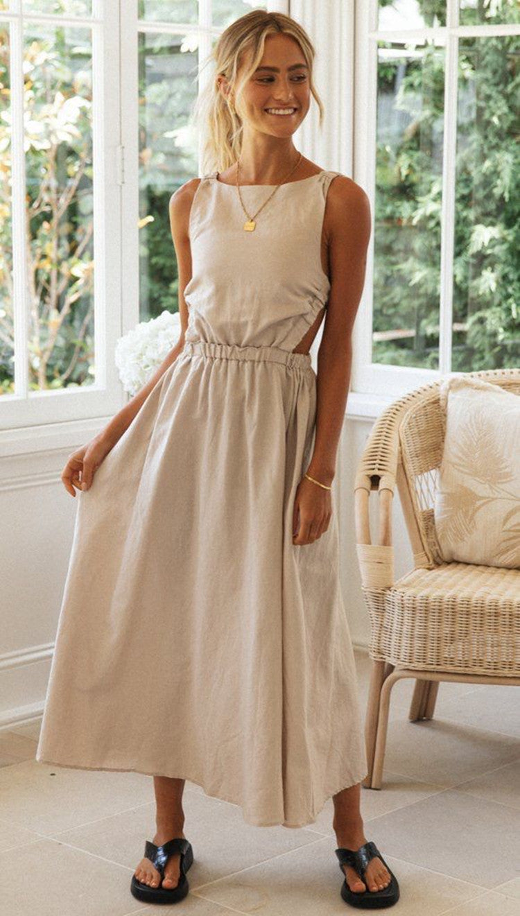 Solid-Color Sleeveless Round-Neck Backless Maxi A-Line Dress