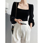 Women's Black Pleuche Square Collar Small Shirt Women Autumn Young Puff Sleeve Shirt Off-Shoulder Top