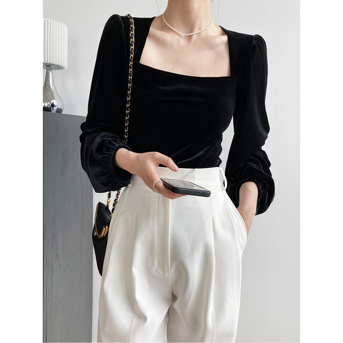 Women's Black Pleuche Square Collar Small Shirt Women Autumn Young Puff Sleeve Shirt Off-Shoulder Top
