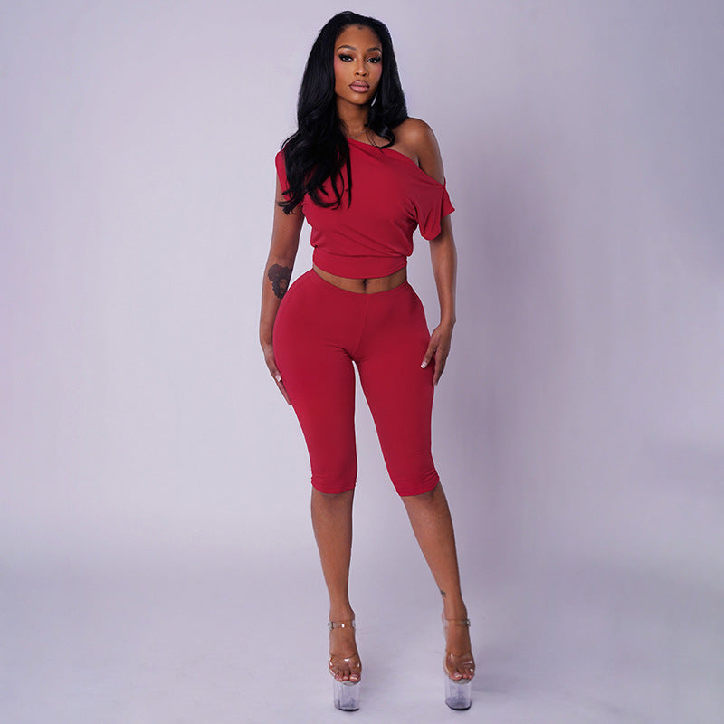 Women Clothing Autumn Solid Color One Shoulder Short Sleeve