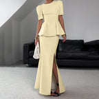 Women's Short-Sleeve Top And Side-Slit Skirt Set