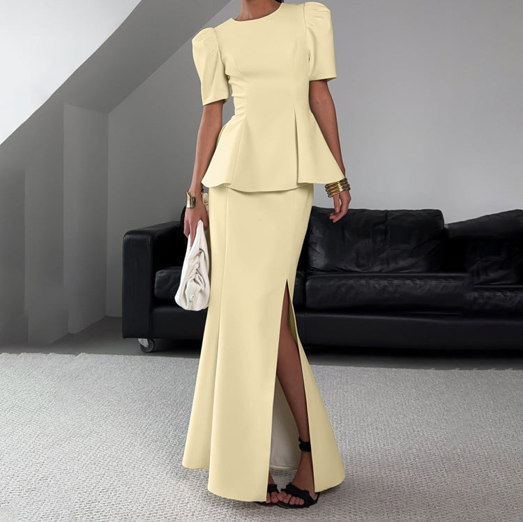Women's Short-Sleeve Top And Side-Slit Skirt Set