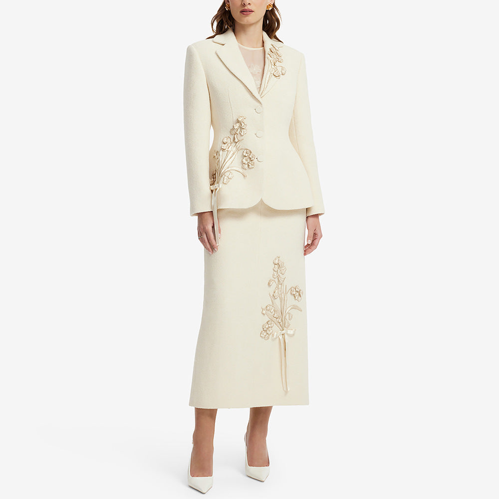 Women's Floral Embroidered Blazer and Skirt Set
