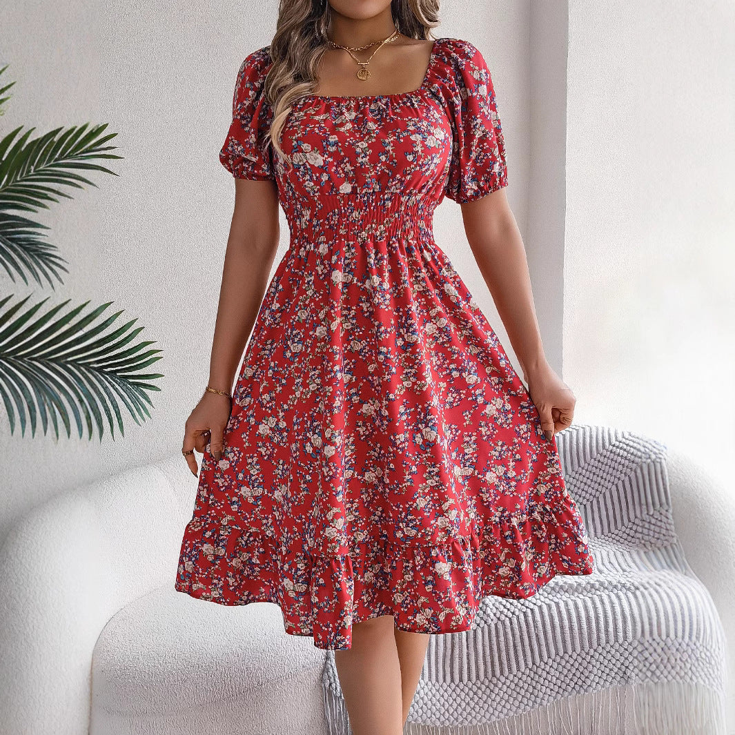 Spring Summer Floral Square Collar Short Sleeve Waist Controlled Ruffled A-Line Wo