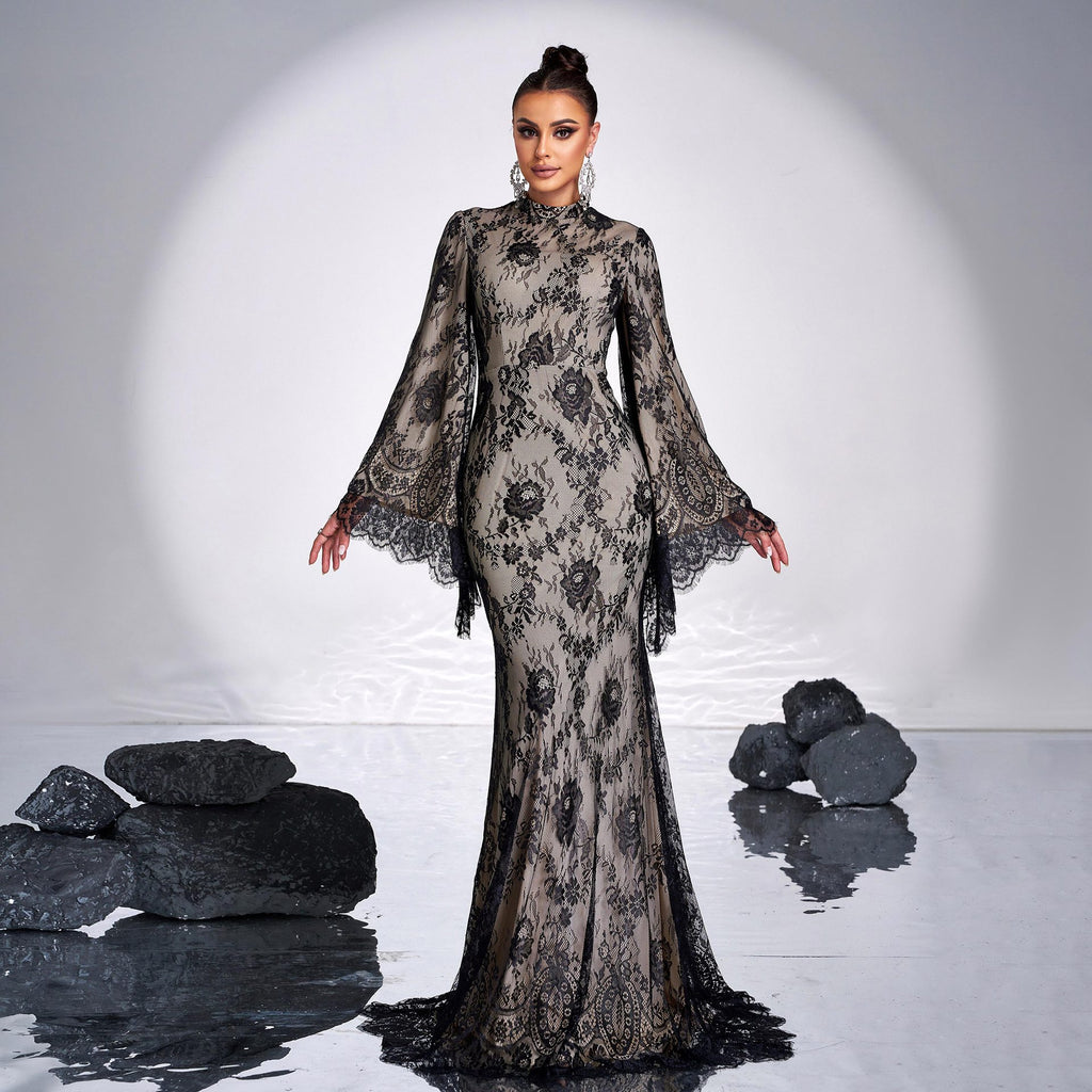 Lace Long Sleeve Bodycon Evening Maxi Dress