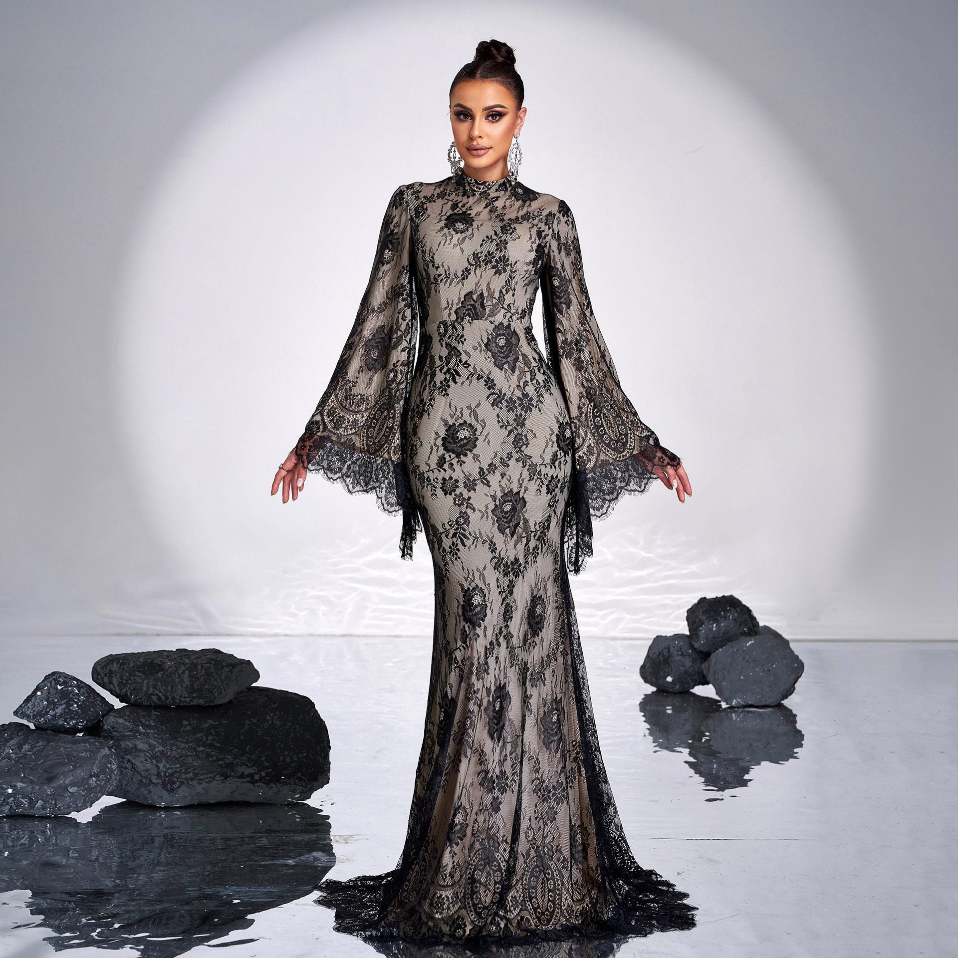 Lace Long Sleeve Bodycon Evening Maxi Dress