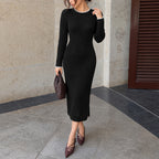 Contrast Color Round Neck Sunken Stripe Medium Long Dress