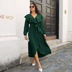 Ruffled V-Neck Split Maxi Dress