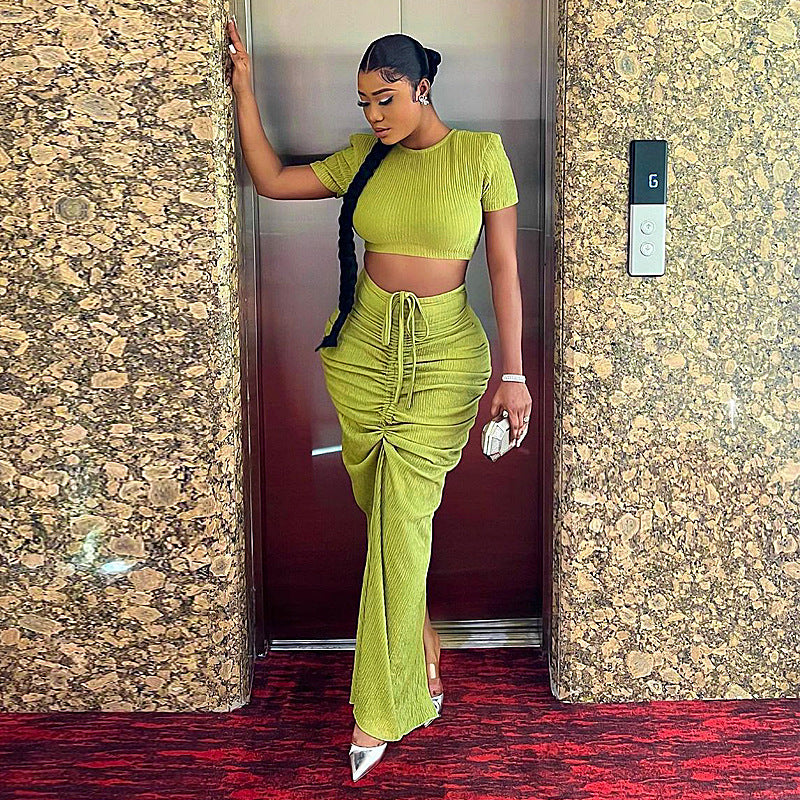Women's Tight Shirred Short Sleeve Coordinated Two-Piece Set