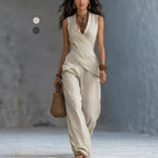 Linen Two Piece Set Casual Sexy SL V neck Waist Controlled