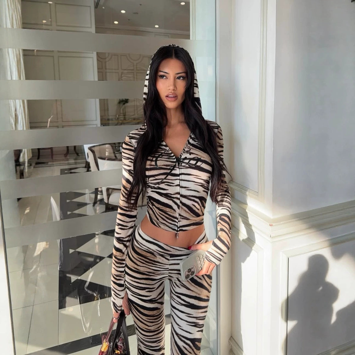 Women's Leopard Print Hooded Color Contrast Stretch