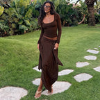 Women's Square-Neck Top & High-Waist Skirt Set