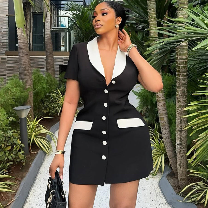 Elegant Black White Contrast Colors Slimming Dress Slim Fit Cardigan