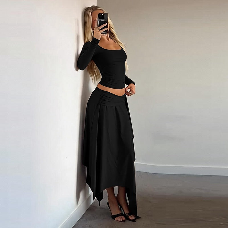 Women's Square-Neck Top & High-Waist Skirt Set