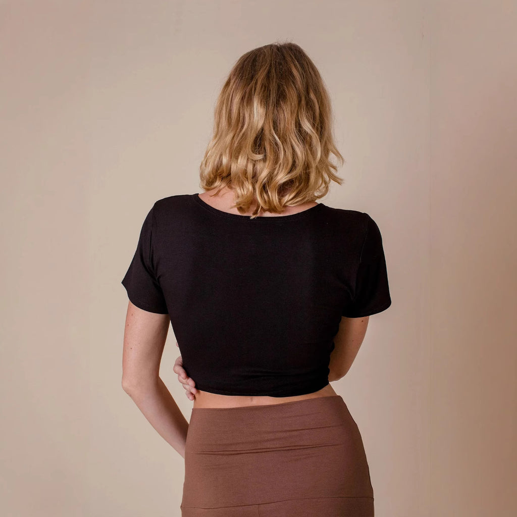 Women’s Black Tie Front V Neck Crop Top