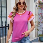 Women’s White Contrast Color Knit Short Sleeve Sweater