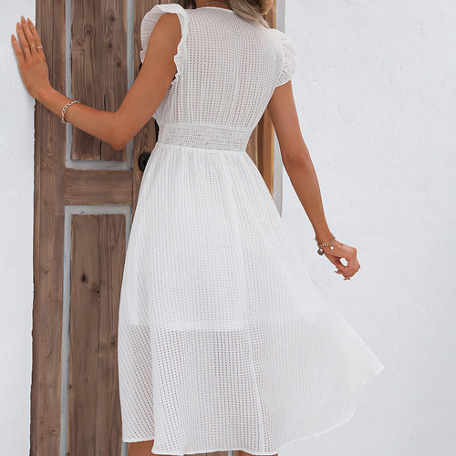 Self Developed Summer Casual Wooden Ear Waist Slimming Holiday Dress Short Sleeve Lace Dress