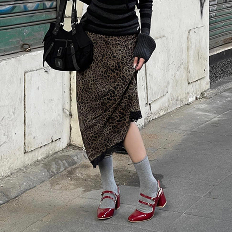 Vintage Leopard Print Stitching Lace Trendy Stylish Skirt