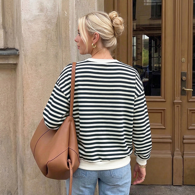 Casual Retro Striped Lace up round Neck Long Sleeve Sweater