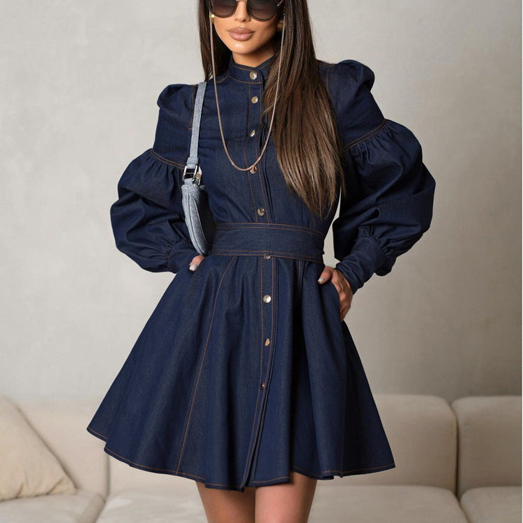 Belted Denim Long Sleeve Shirt Mini Dress