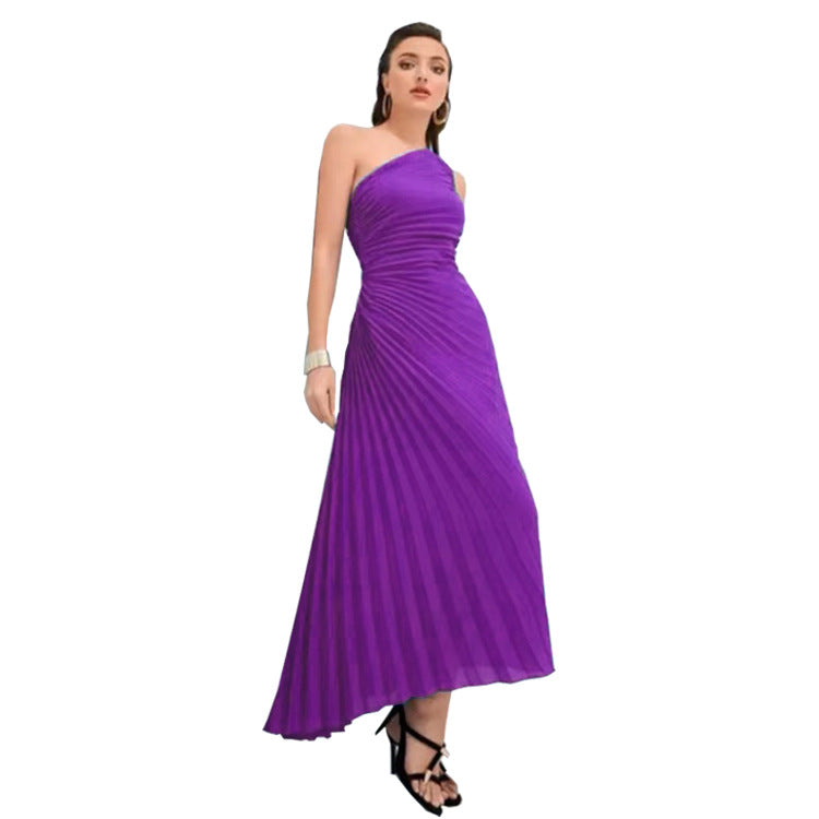 Women Clothing Pleated Slant Shoulder Asymmetric