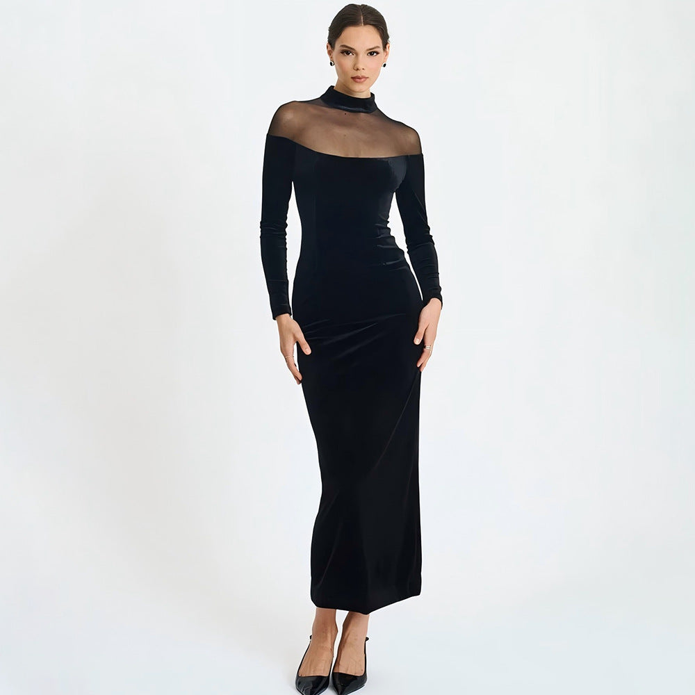 Women's Autumn Winter Wear Voile See Through Stitching Dress Sexy Tight Solid Color Dress