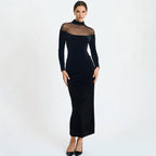 Women's Autumn Winter Wear Voile See Through Stitching Dress Sexy Tight Solid Color Dress