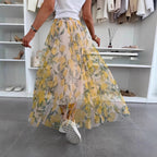 Summer Mesh Lemon Printing Elastic Waist Large Swing Skirt