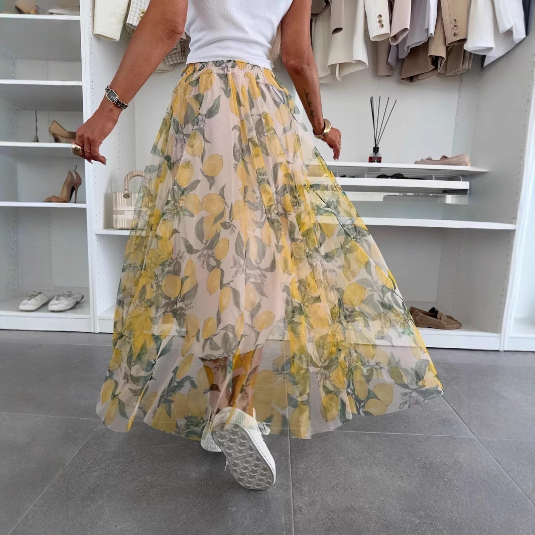Summer Mesh Lemon Printing Elastic Waist Large Swing Skirt