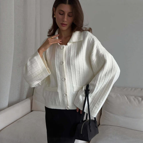 Women’s milky white knitted collared short cardigan, long sleeves, front button-up