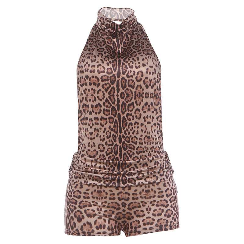 Leopard print halter romper with high neckline and front button placket