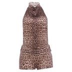 Leopard print halter romper with high neckline and front button placket