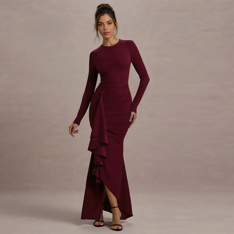 Women's Crew-Neck Ruched Ruffle Asymmetric Maxi Dress