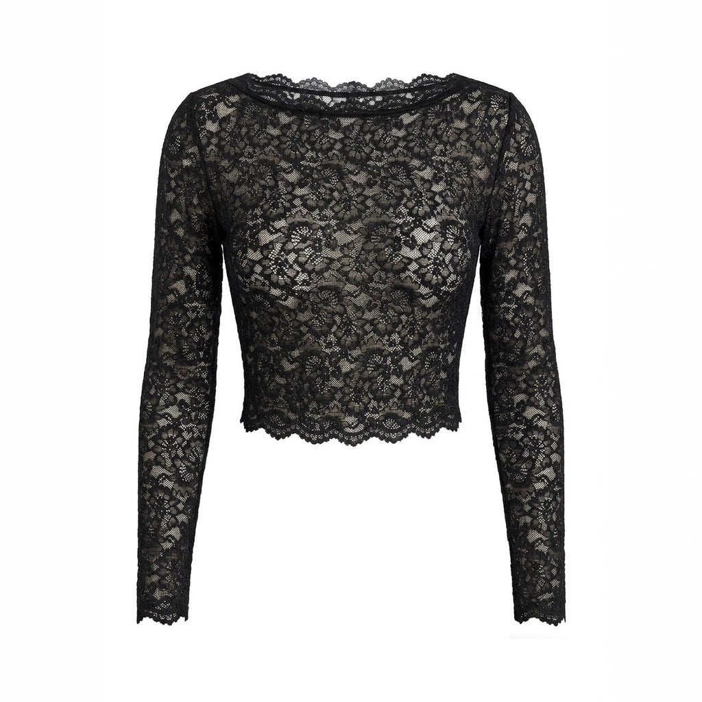 Women's Women Lace Long Sleeved Top Sexy Mesh See Through Slim Bottoming Shirt