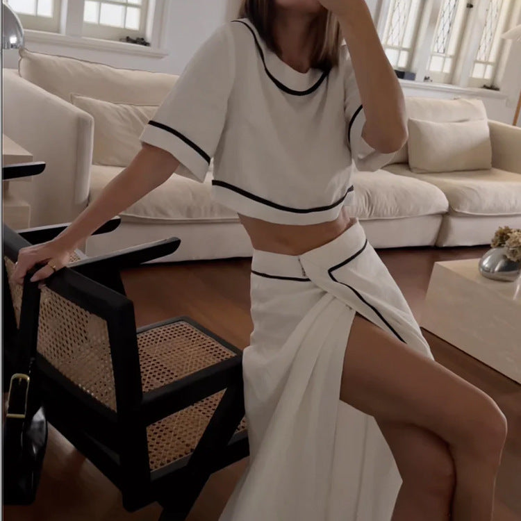 Elegant Women Black White Contrast Color Skirt Set round Neck Short Lace up Top Half Length Skirt Two Piece Set