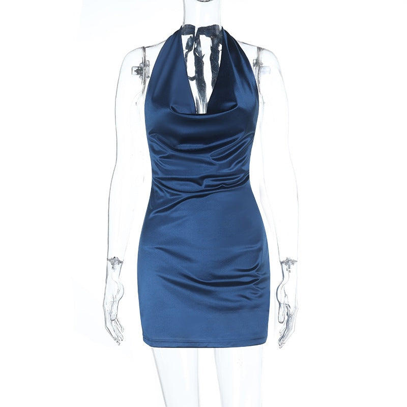 Dark blue satin halter sheath dress on mannequin with V halter neckline