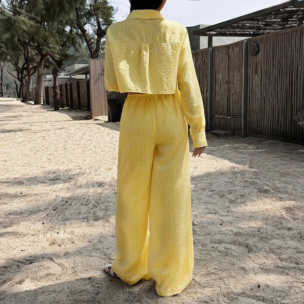 Women Clothing Summer Vacation Casual Long Sleeved Button Shirt Long Pants Set