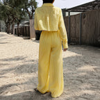 Women Clothing Summer Vacation Casual Long Sleeved Button Shirt Long Pants Set