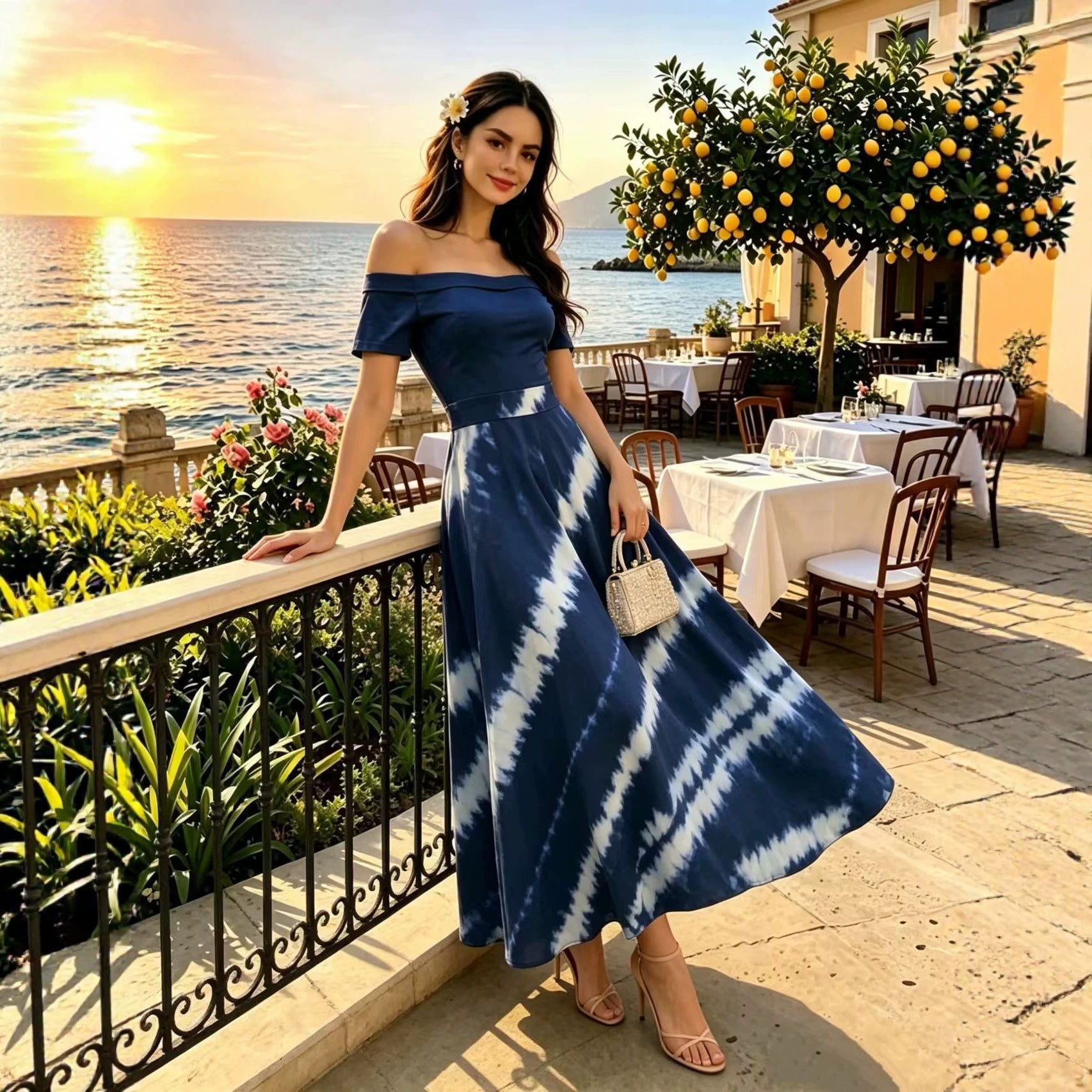 Women's Printed Off-Shoulder A-Line Maxi Dress