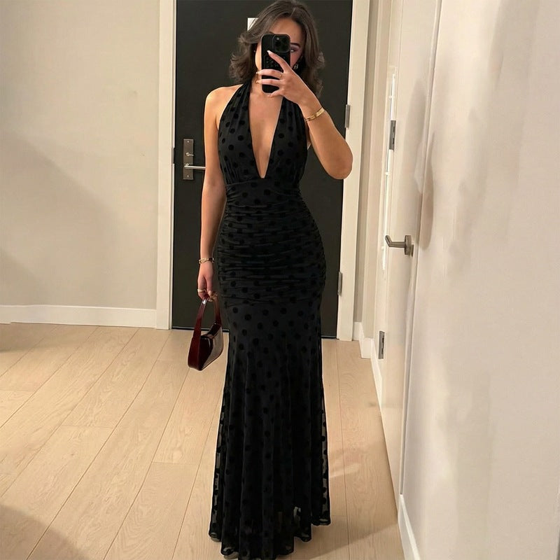 Women's Spring Sexy Deep V Plunge Dot Mesh Backless Lace up Dress