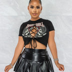 Graphic Lace-Up Cropped Top