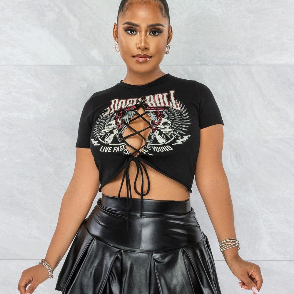 Graphic Lace-Up Cropped Top