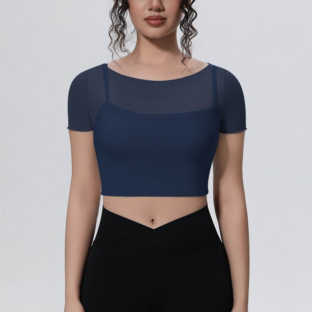 Mesh Yarn False Two Pieces Sports T shirt Short Sleeve with Chest Pad Yoga Clothes Cropped Top Quick Drying Thin Fitness Clothes