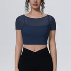 Mesh Yarn False Two Pieces Sports T shirt Short Sleeve with Chest Pad Yoga Clothes Cropped Top Quick Drying Thin Fitness Clothes