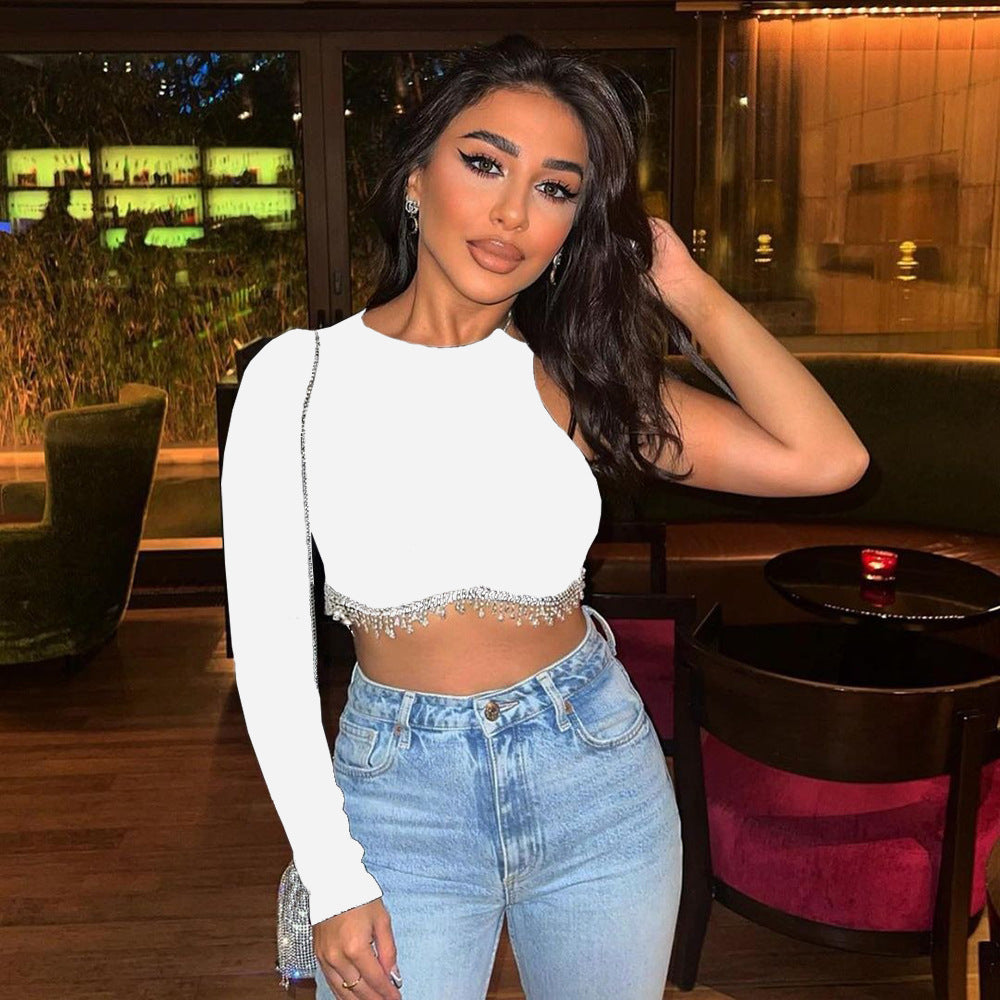 Women’s Black Rhinestone Asymmetric Crop Top