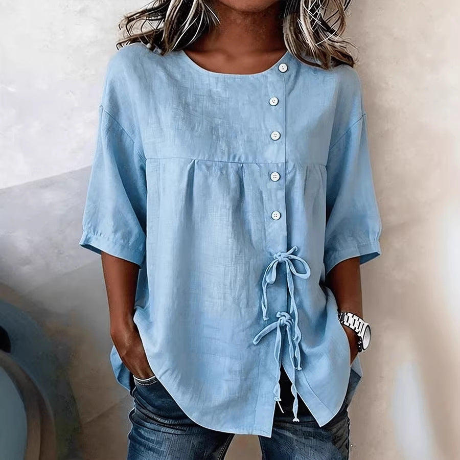Elegant High End Shirt Lace up Button round Neck Shirt with