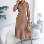 Elegant Lace-Up Lantern-Sleeve Pleated Dress